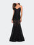 Long Form Fitting Lace Prom Dress With Attached Shorts - Black
