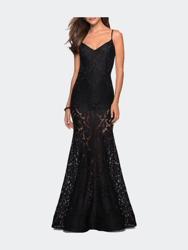 Long Form Fitting Lace Prom Dress With Attached Shorts - Black