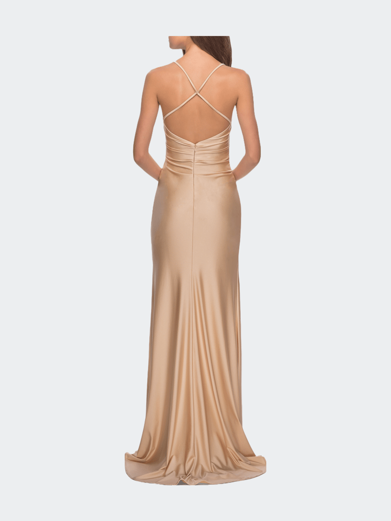 Long Homecoming Dress with Slit and Criss Cross Back