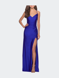 Long Homecoming Dress with Slit and Criss Cross Back - Royal Blue