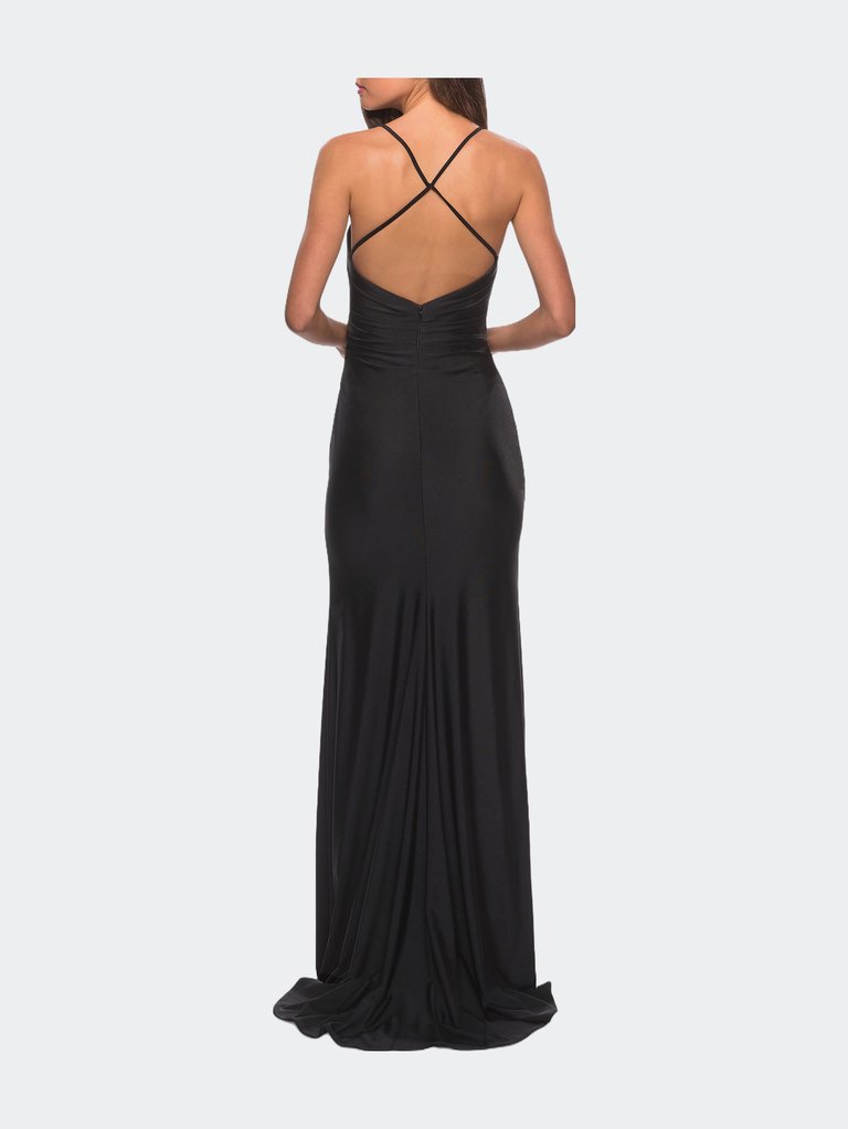 Long Homecoming Dress with Slit and Criss Cross Back