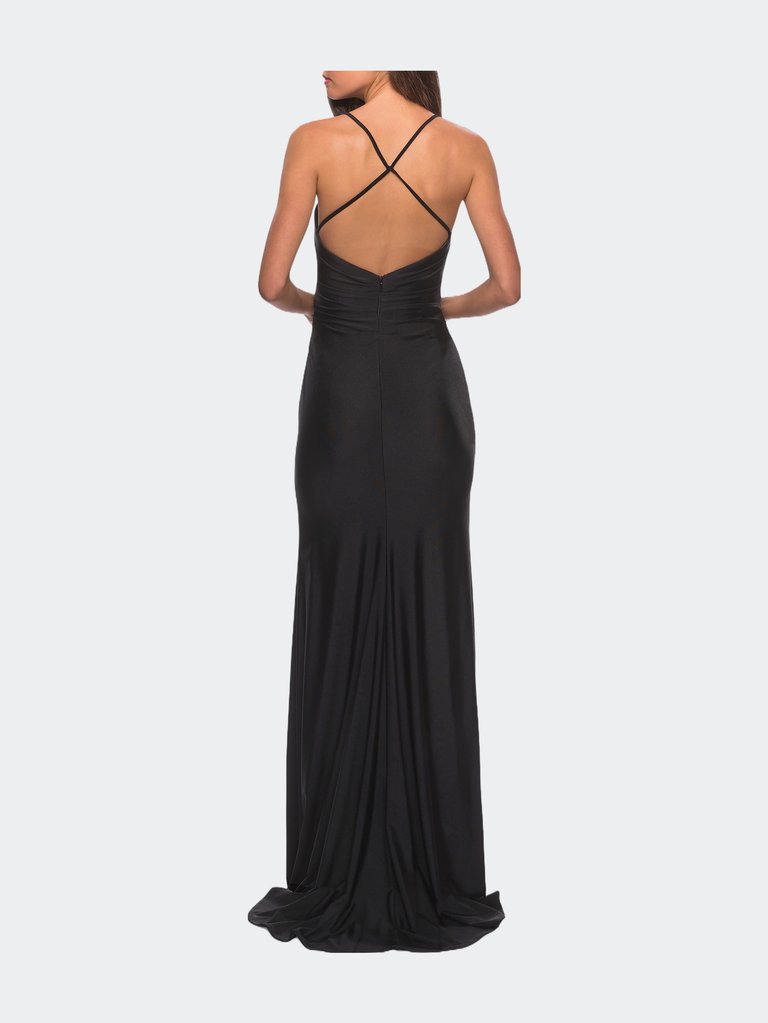 Long Homecoming Dress with Slit and Criss Cross Back