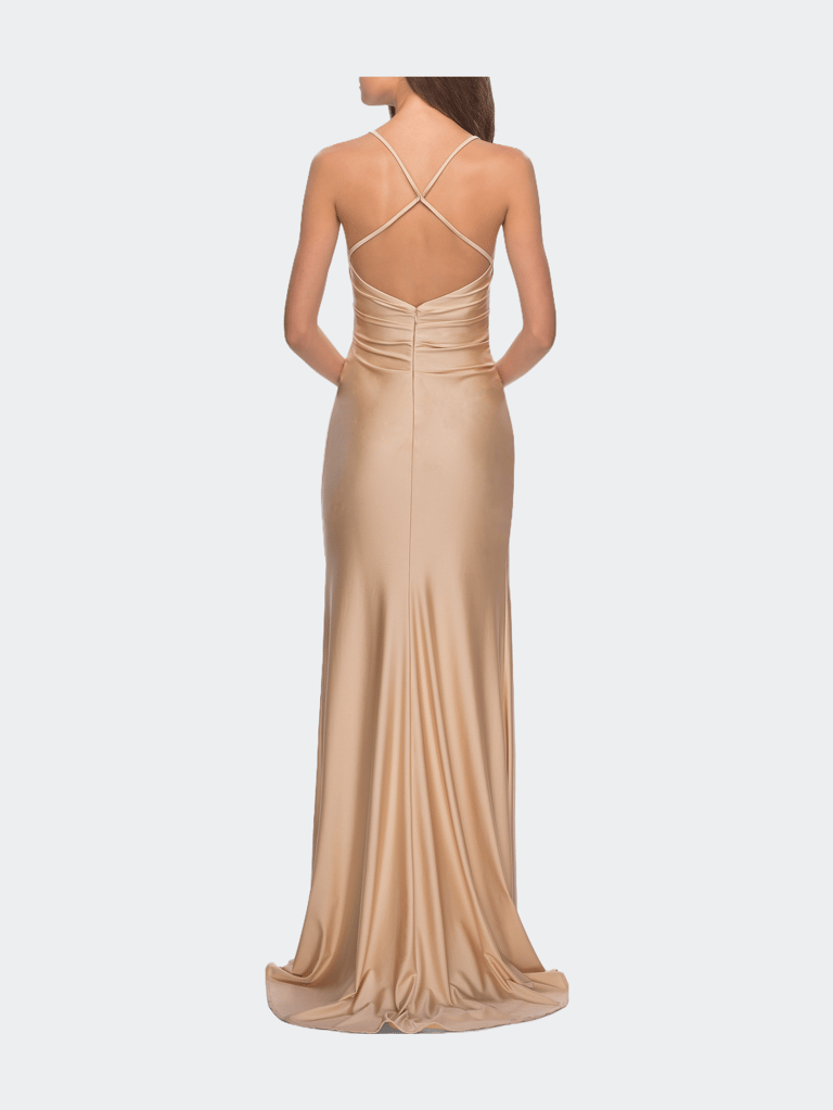 Long Homecoming Dress with Slit and Criss Cross Back
