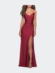Long Homecoming Dress with Slit and Criss Cross Back - Burgundy