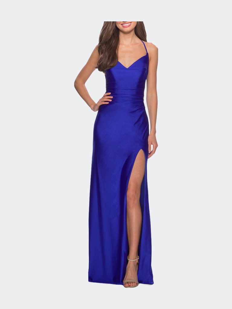Long Homecoming Dress with Slit and Criss Cross Back - Royal Blue