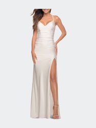 Long Homecoming Dress with Slit and Criss Cross Back - White