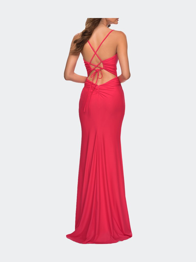Long Hot Coral Dress with Flattering Ruching and Slit