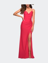 Long Hot Coral Dress with Flattering Ruching and Slit - Hot Coral