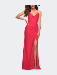 Long Hot Coral Dress with Flattering Ruching and Slit - Hot Coral