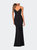 Long Jersey Dress with Draped V-Neckline and Ruching - Black