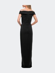 Long Jersey Dress with Ruching and Cap Sleeves