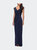 Long Jersey Dress with Ruching and Cap Sleeves - Navy