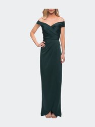 Long Jersey Dress with Ruching and Cap Sleeves - Emerald