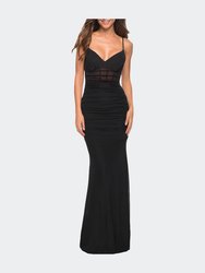 Long Jersey Dress with Sheer Corset Bodice - Black