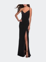 Long Jersey Dress with V-neck and Open Back - Black