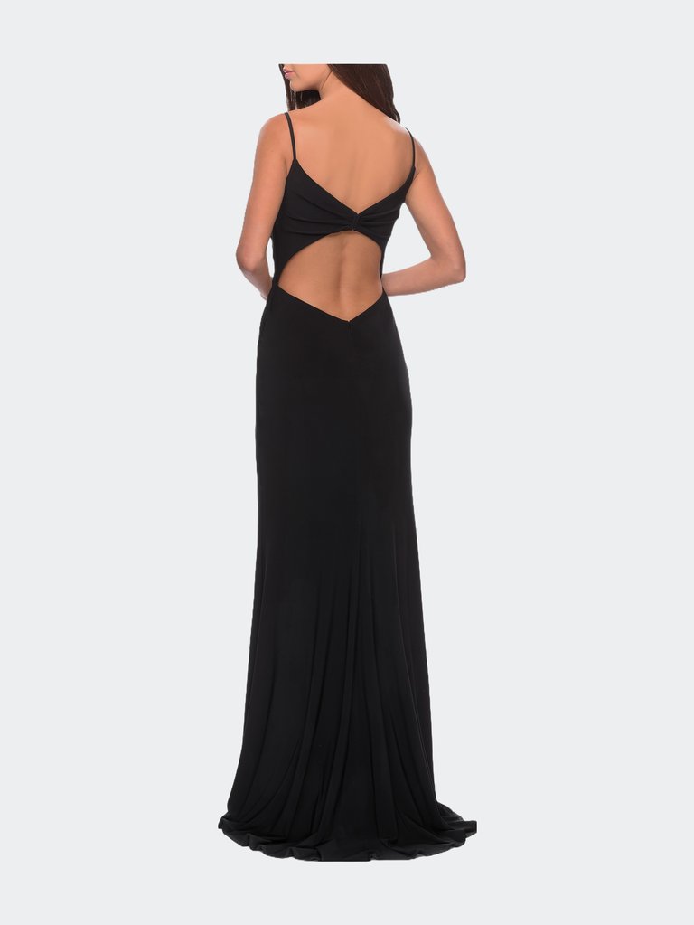 Long Jersey Dress with V-neck and Open Back