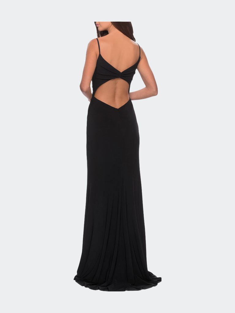 Long Jersey Dress with V-neck and Open Back