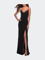 Long Jersey Dress with V-neck and Open Back - Black