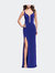 Long Jersey Prom Dress with Caged Strappy Open Back - Sapphire Blue