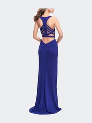Long Jersey Prom Dress with Caged Strappy Open Back