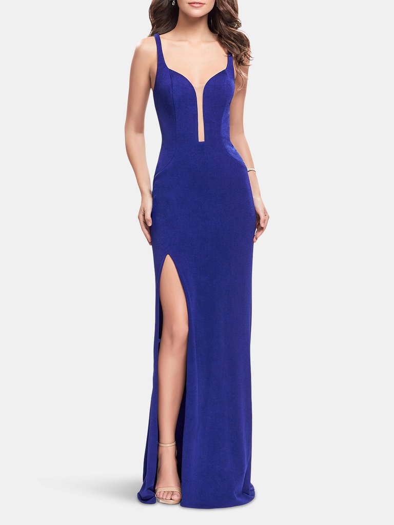 Long Jersey Prom Dress with Caged Strappy Open Back