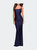 Long Jersey Prom Dress with Full V-Shaped Back - Navy