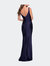 Long Jersey Prom Dress with Full V-Shaped Back