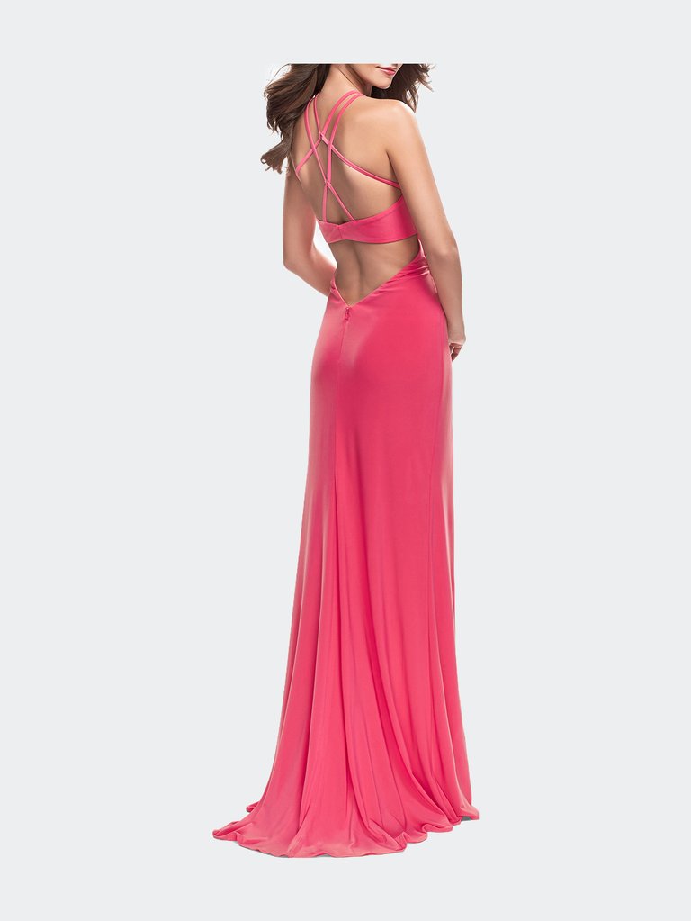 Long Jersey Prom Dress With Strappy Open Back