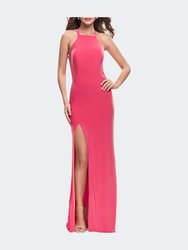 Long Jersey Prom Dress With Strappy Open Back - Hot Coral