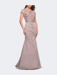 Long Jersey Ruched Dress with Embellished Top - Champagne