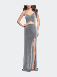 Long Jersey Two Piece Prom Dress with Side Cut Outs - Silver