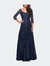 Long Lace A-line Three Quarter Sleeve Gown - Navy