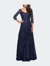 Long Lace A-line Three Quarter Sleeve Gown - Navy