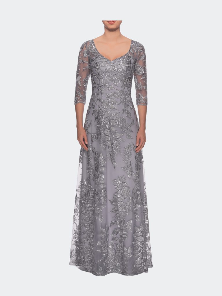 Long Lace A-line Three Quarter Sleeve Gown - Silver