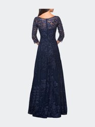 Long Lace A-line Three Quarter Sleeve Gown