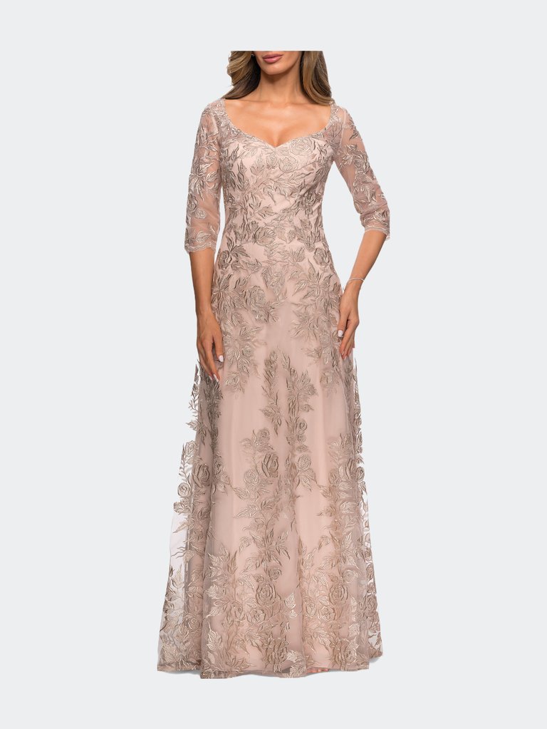Long Lace A-line Three Quarter Sleeve Gown - Champagne