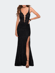 Long Lace Dress with Plunging Neckline - Black