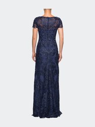 Long Lace Dress with Rhinestones and Short Sleeves
