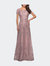 Long Lace Dress With Sheer Neckline And Cap Sleeves - Mauve
