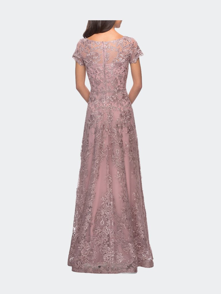 Long Lace Dress With Sheer Neckline And Cap Sleeves