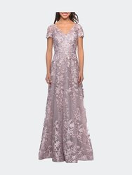 Long Lace Evening Dress with Cap Sleeves - Antique Blush