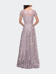 Long Lace Evening Dress with Cap Sleeves