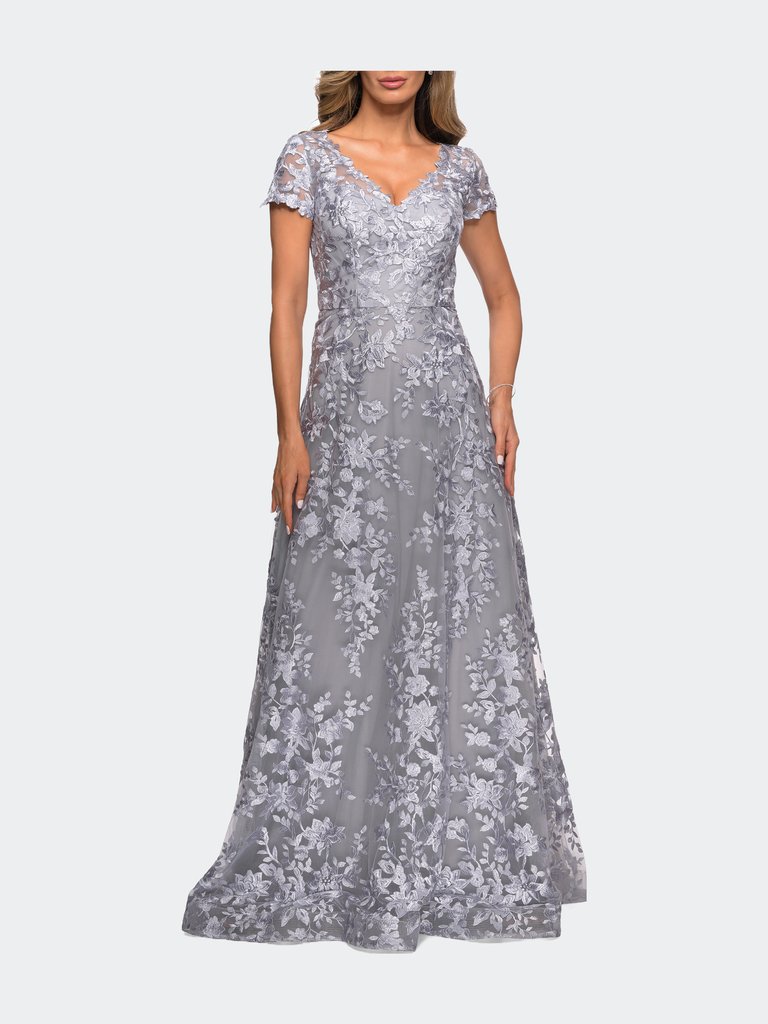 Long Lace Evening Dress with Cap Sleeves - Platinum
