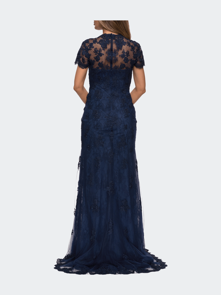 Long Lace Evening Dress with Scallop Detailing and Rhinestones