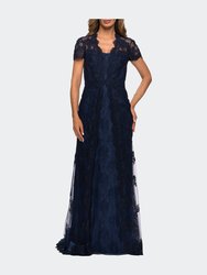 Long Lace Evening Dress with Scallop Detailing and Rhinestones - Navy