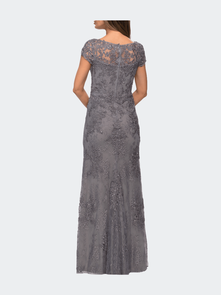Long Lace Evening Dress with Sheer Cap Sleeves