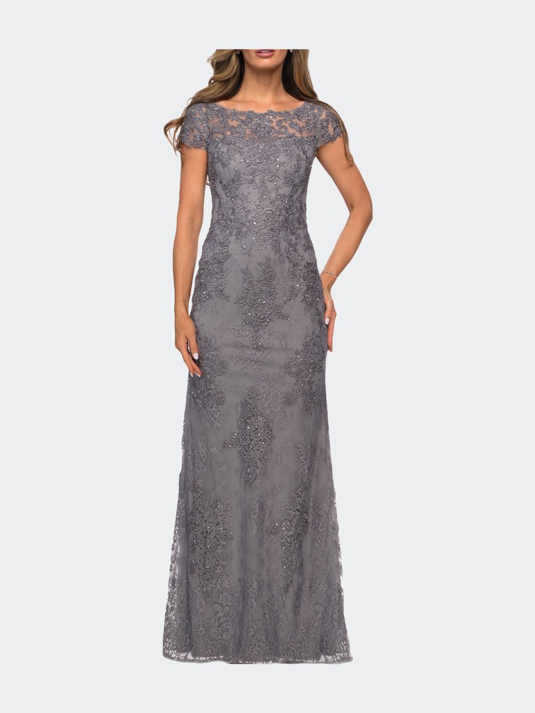Long Lace Evening Dress with Sheer Cap Sleeves - Dark Platinum