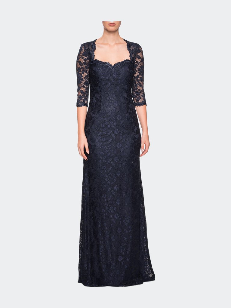 Long Lace Gown With Sweetheart Neckline - Navy