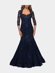 Long Lace Mermaid Gown with Square Neckline - Navy