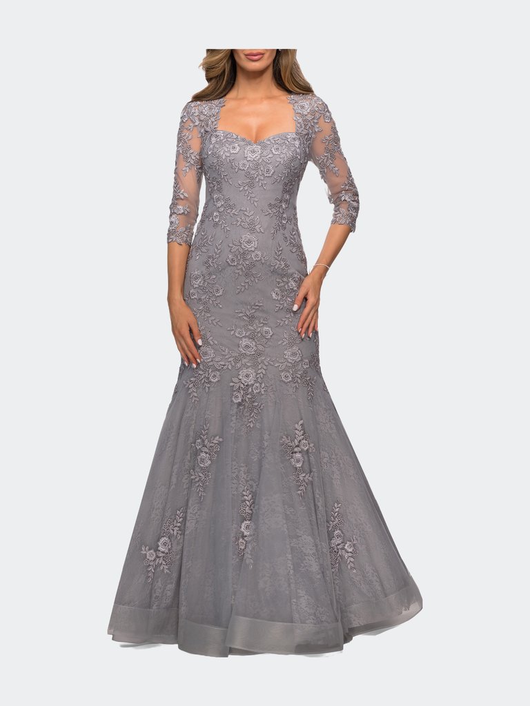 Long Lace Mermaid Gown with Square Neckline - Silver